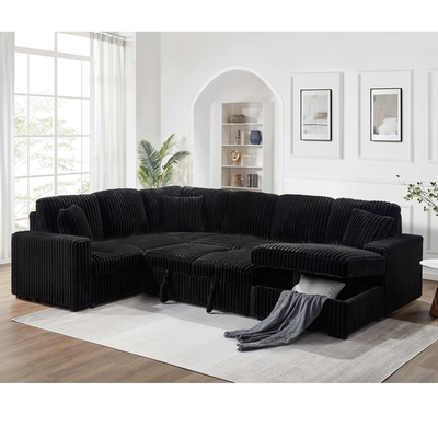 Canapé couchage en forme de U avec lit et rangement à étirer Chaise de salon et port de recharge USB, tissu de corduroy noir