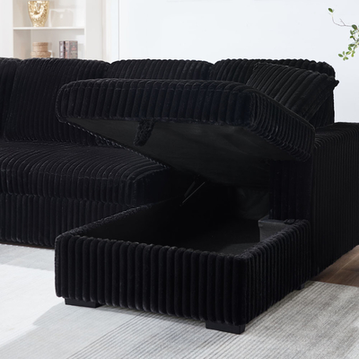 Canapé couchage en forme de U avec lit et rangement à étirer Chaise de salon et port de recharge USB, tissu de corduroy noir