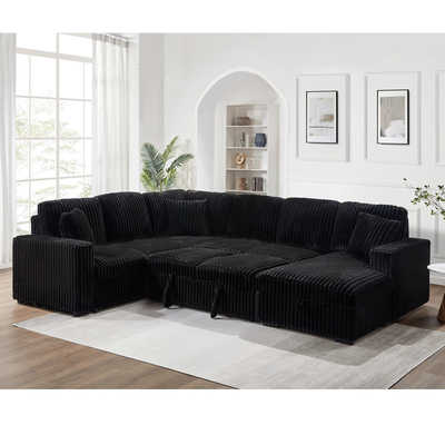Canapé couchage en forme de U avec lit et rangement à étirer Chaise de salon et port de recharge USB, tissu de corduroy noir