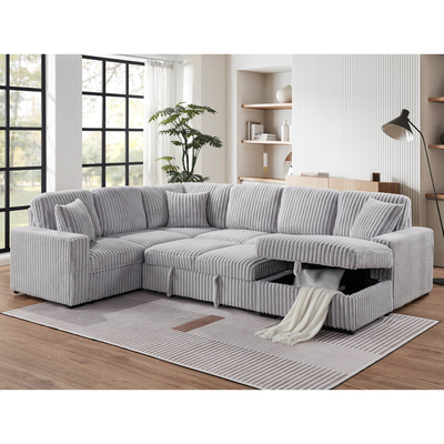 Canapé couchage en forme de U avec lit et rangement à étirer Chaise de salon et port de recharge USB, tissu gris en velours