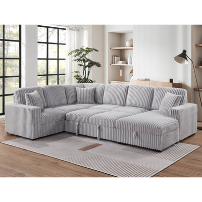 Canapé couchage en forme de U avec lit et rangement à étirer Chaise de salon et port de recharge USB, tissu gris en velours