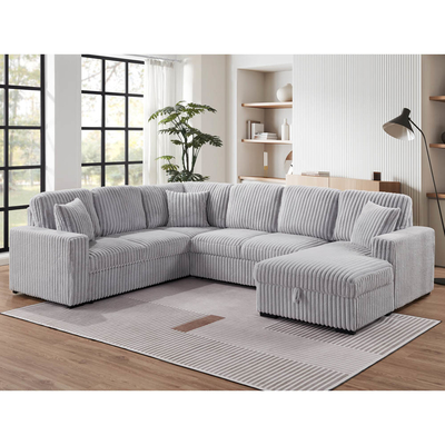 Canapé couchage en forme de U avec lit et rangement à étirer Chaise de salon et port de recharge USB, tissu gris en velours