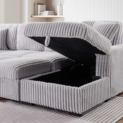 Canapé couchage en forme de U avec lit et rangement à étirer Chaise de salon et port de recharge USB, tissu gris en velours