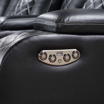 Canapé d'angle Power Recliner avec 2 sièges Power Recliner et 2 appuie-tête Power et boîte de rangement et bras de rangement et lumière LED, cuir noir respirant
