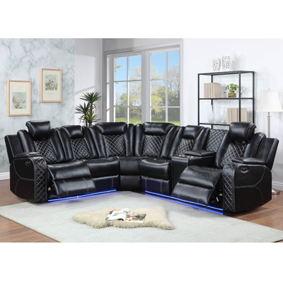Canapé d'angle Power Recliner avec 2 sièges Power Recliner et 2 appuie-tête Power et boîte de rangement et bras de rangement et lumière LED, cuir noir respirant