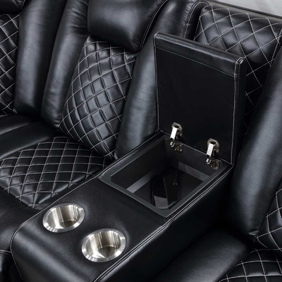 Canapé d'angle Power Recliner avec 2 sièges Power Recliner et 2 appuie-tête Power et boîte de rangement et bras de rangement et lumière LED, cuir noir respirant