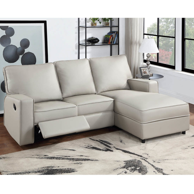 Canapé sectionnel avec 1 fauteuil et table déroulante et chaise à dos, faux cuir gris clair