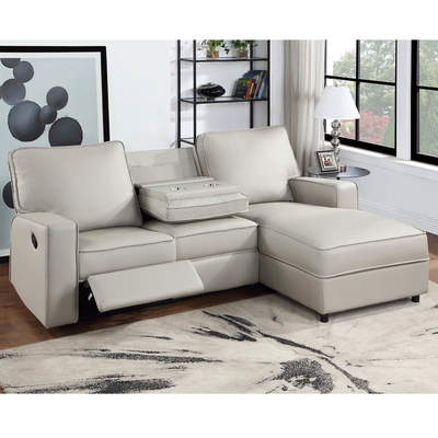 Canapé sectionnel avec 1 fauteuil et table déroulante et chaise à dos, faux cuir gris clair