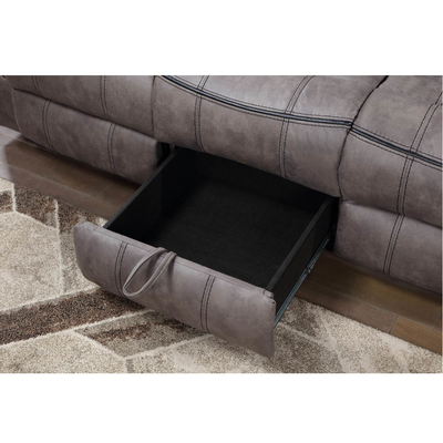 Canapé reclinable avec table déroulante et tiroir et boîte de rangement, en vinyle gris clair