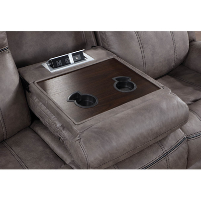 Canapé reclinable avec table déroulante et tiroir et boîte de rangement, en vinyle gris clair