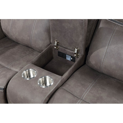 Canapé reclinable avec table déroulante et tiroir et boîte de rangement, en vinyle gris clair