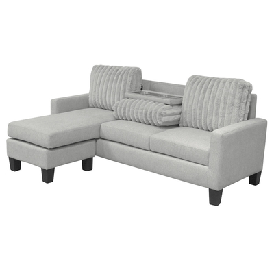Canapé en forme de L avec table déroulante et chaise réversible, en tissu gris clair