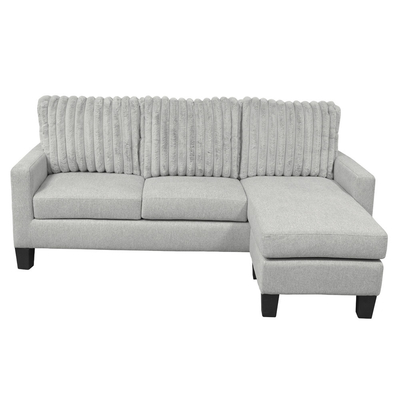 Canapé en forme de L avec table déroulante et chaise réversible, en tissu gris clair