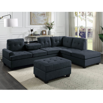 Canapé sectionnel en forme de L avec table déroulante et chaise réversible et rangement Ottoman, lin bleu foncé