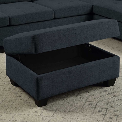 Canapé sectionnel en forme de L avec table déroulante et chaise réversible et rangement Ottoman, lin bleu foncé