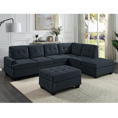 Canapé sectionnel en forme de L avec table déroulante et chaise réversible et rangement Ottoman, lin bleu foncé