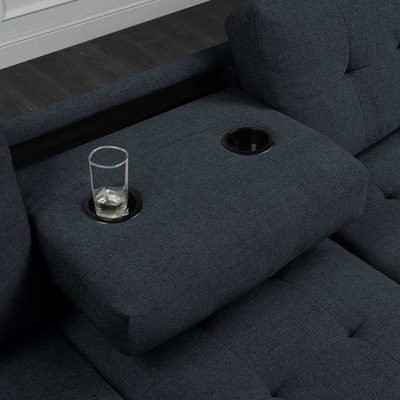 Canapé sectionnel en forme de L avec table déroulante et chaise réversible et rangement Ottoman, lin bleu foncé