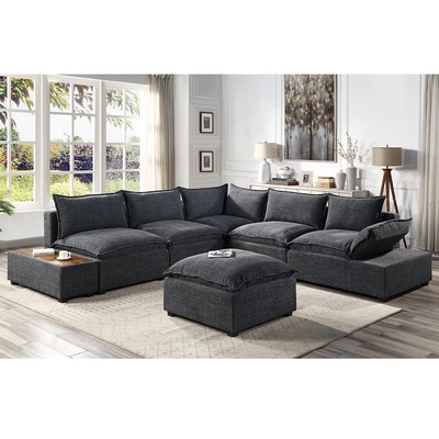 Canapé sectionnel avec console de rangement et bras réglable, lin gris foncé