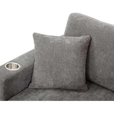 Canapé sectionnel en forme de L avec tiroir et 2 oreillers et porte-gobelets en acier inoxydable, chenille grise