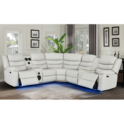 Canapé d'angle Power Recliner avec 2 sièges Power Recliner et boîte de rangement et haut-parleur audio Bluetooth et lumière LED, cuir respirant beige