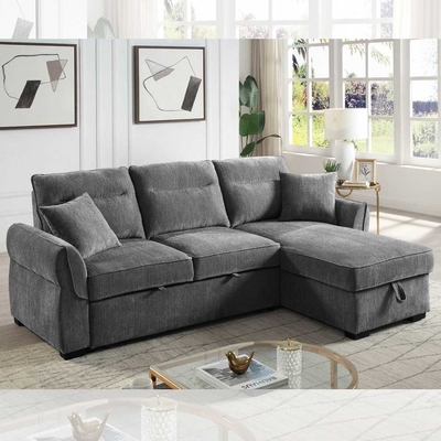 Canapé couchage réversible en forme de L avec lit retractable et rangement, chenille gris foncé