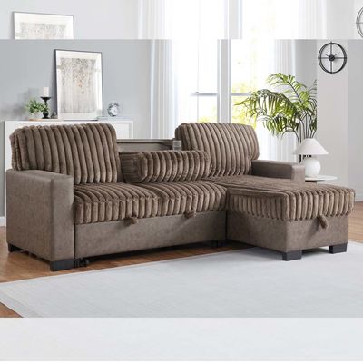 Canapé couchage réversible en forme de L avec lit retractable et table déroulante et rangement, tissu marron et marron foncé