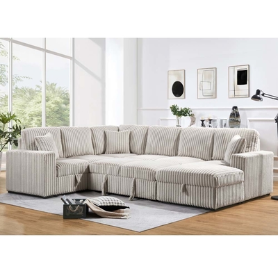 Canapé couchette en forme de U avec lit et rangement à étirer Chaise de salon et rangement Siège d'amour et port de charge USB, tissu Khaki Corduroy