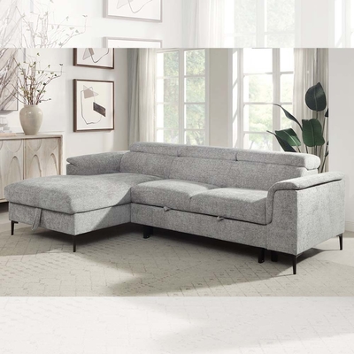 Canapé couchage en forme de L avec lit rétractable et appuie-tête réglable et chaise de rangement, en tissu gris