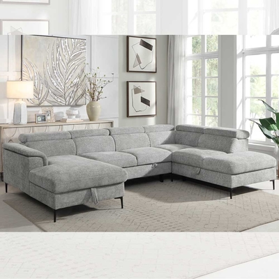 Canapé couchage en forme de U avec lit et rangement à étirer fauteuil salon et appuie-tête réglable, tissu gris