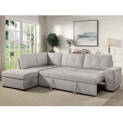 Canapé couchage en forme de L avec lit et rangement, en tissu gris