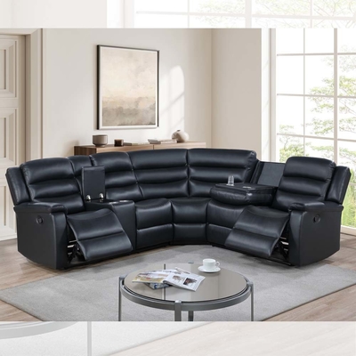 Canapé d'angle avec table déroulante et boîte de rangement, cuir noir respirant