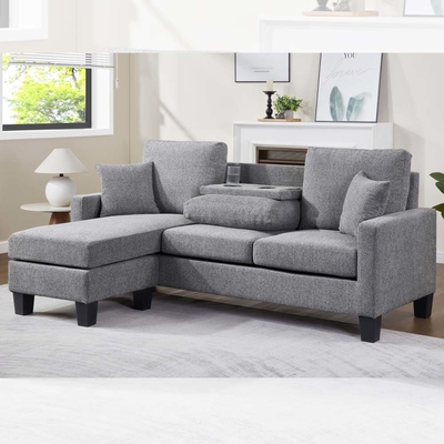 Canapé sectionnel en forme de L avec table déroulante et chaise réversible et 2 oreillers, chenille grise