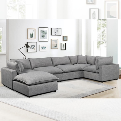 Canapé modulaire sectionnel avec coussin et oreillers de siège en mélange de plumes, linge gris foncé