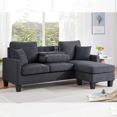 Canapé sectionnel en forme de L avec table déroulante et chaise réversible et 2 oreillers, chenille gris foncé