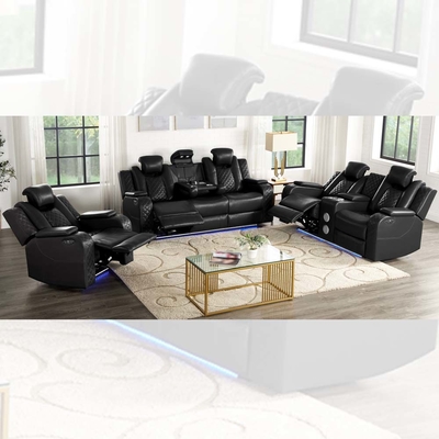 Canapé Power Recliner avec sièges Power Recliner et appuie-tête Power et table déroulante et haut-parleur audio Bluetooth et boîte de rangement et bras de rangement et lumière LED, cuir noir respirant