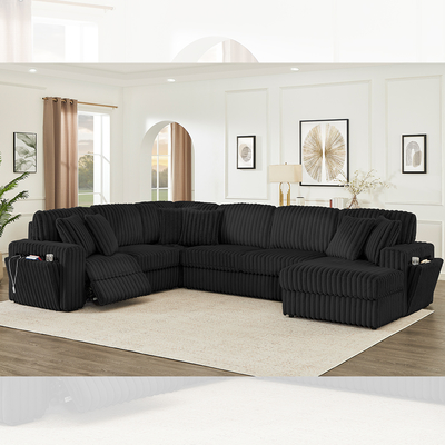 Ensemble canapé inclinable avec porte-gobelets cachés et chargeur sans fil, tissu en velours côtelé noir
