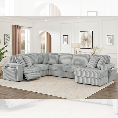 Ensemble canapé inclinable avec porte-gobelets cachés et chargeur sans fil, tissu en velours côtelé gris