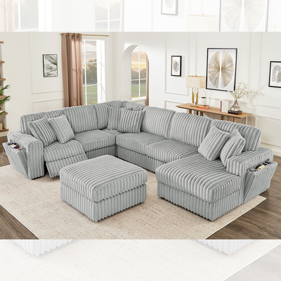 Ensemble canapé inclinable avec porte-gobelets cachés et chargeur sans fil, tissu en velours côtelé gris