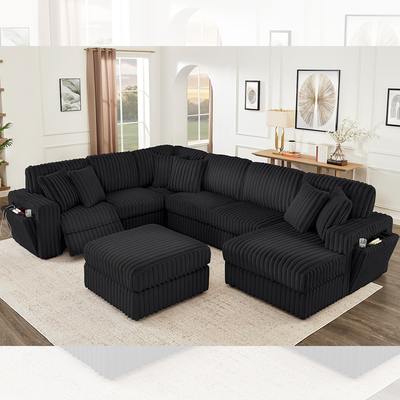Ensemble canapé inclinable avec porte-gobelets cachés et chargeur sans fil, tissu en velours côtelé noir