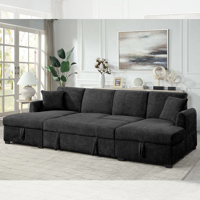 Canapé couchage en forme de U avec lit et chaise de rangement, en tissu Sherpa noir