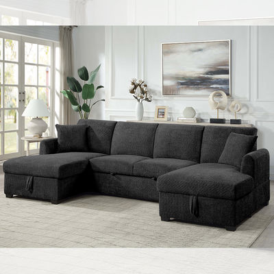 Canapé couchage en forme de U avec lit et chaise de rangement, en tissu Sherpa noir