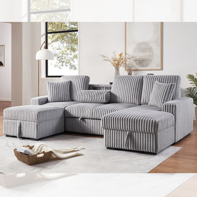 Canapé couchage sectionnel avec lit et table déroulante et chaise de rangement et stockage Ottoman, tissu gris en velours