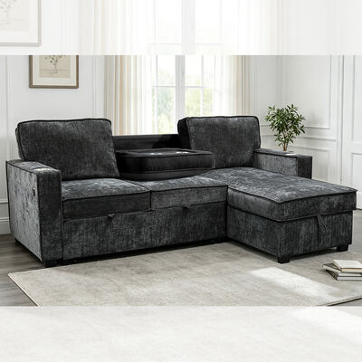 Canapé couchage en forme de L avec lit et table de rangement, chenille noir de charbon