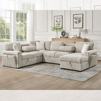 Canapé couchette en forme de U avec lit détachable et table déroulante et rangement Chaise de salon et rangement Siège d'amour et porte-gobelets, tissu beige