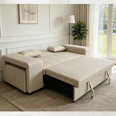 Canapé-lit convertible queen size, lit gigogne confortable avec dossier réglable, accoudoirs avec poufs, cuir technique beige