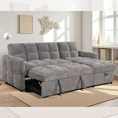 Canapé-lit sectionnel en forme de L avec lit gigogne, dossier réglable et méridienne de rangement, tissu gris
