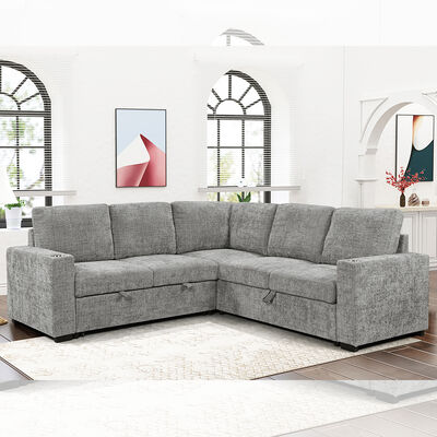 Canapé couchette en forme de L avec lit et porte-gobelets, en tissu gris