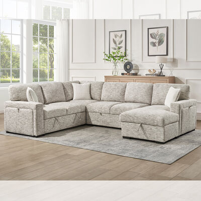 Canapé couchette en forme de U avec lit détachable et table déroulante et rangement Chaise de salon et rangement Siège d'amour et porte-gobelets, tissu beige