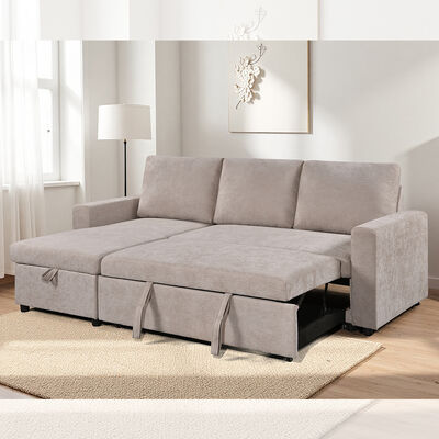 Canapé-lit sectionnel réversible en forme de L avec lit gigogne et rangement, tissu beige
