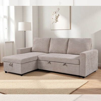 Canapé-lit sectionnel réversible en forme de L avec lit gigogne et rangement, tissu beige